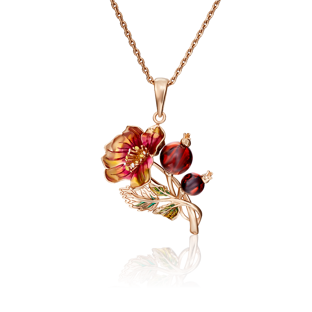 Подвеска «Шиповник» из красного золота с янтарём и эмалью