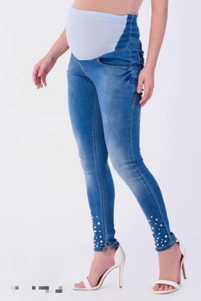 Джинсы голубые для беременных из хлопка внизу бусины, размер 50,52