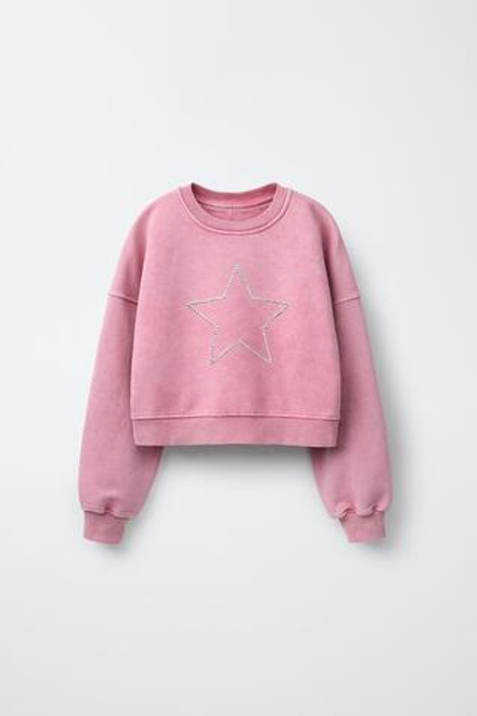 ZARA ТОЛСТОВКА С ЭФФЕКТОМ ПОТЕРТОСТИ И УЗОРОМ «ЗВЕЗДА», РОЗОВАТЫЙ