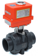 Кран шаровой ПВХ (НПВХ) разборный промышленный с электроприводом 24В - постоянный ток (время действия 15 сек) под клей, PTFE (Ру16), Китай