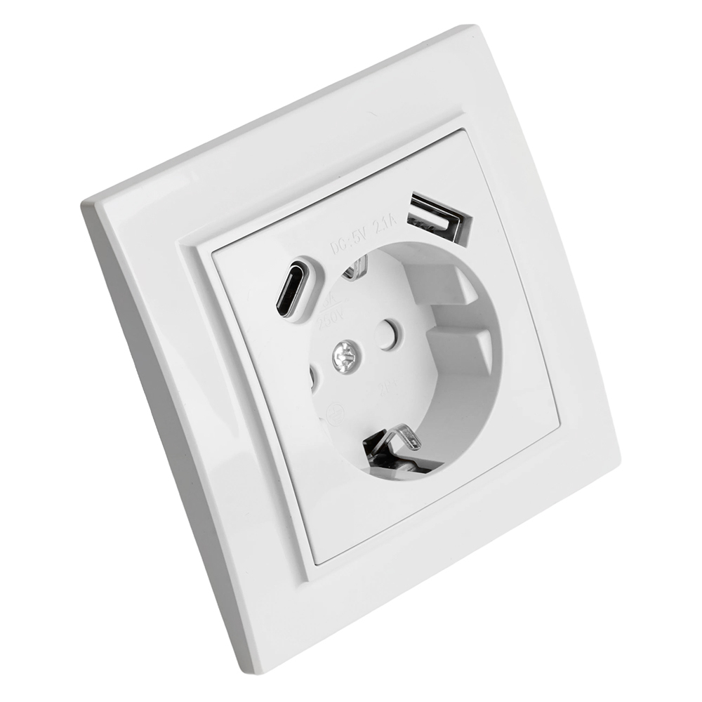 Розетка 1-местная STEKKER, PST16-9016-01, 250В, 2.1А с USB+ type C, серия Эрна, белый 50076