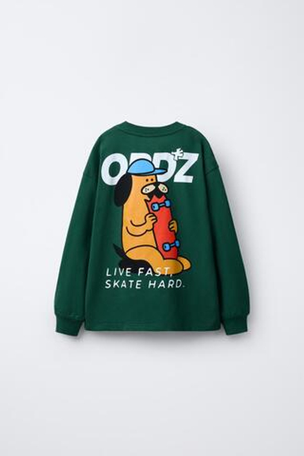 ZARA ФУТБОЛКА С ПРИНТОМ «СКЕЙТ», ЗЕЛЕНЫЙ