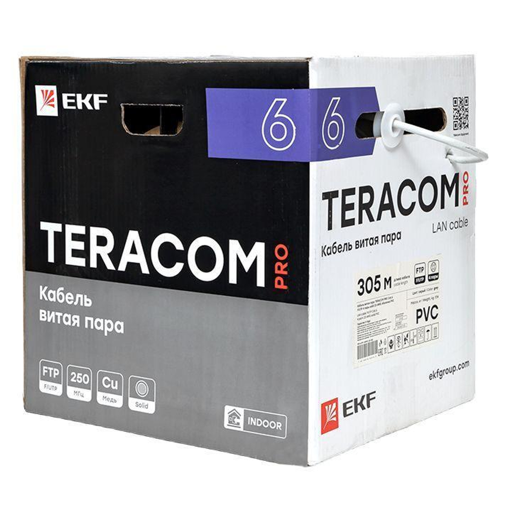 Кабель витая пара F/UTP кат.6 4 пары 23 AWG solid PVC сер. (уп.305м) TERACOM PRO EKF TRP-6FTP-04PVC-GY-IN3