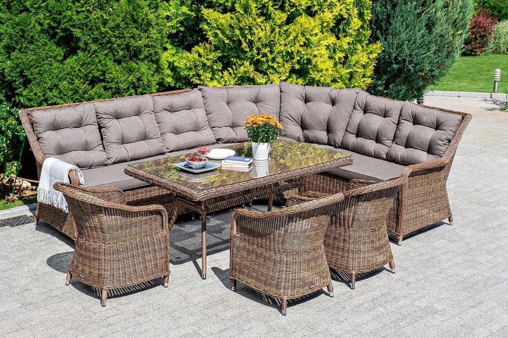 Бергамо, плетеный левый модуль дивана, диван коричневый/соломенный, искусственный ротанг