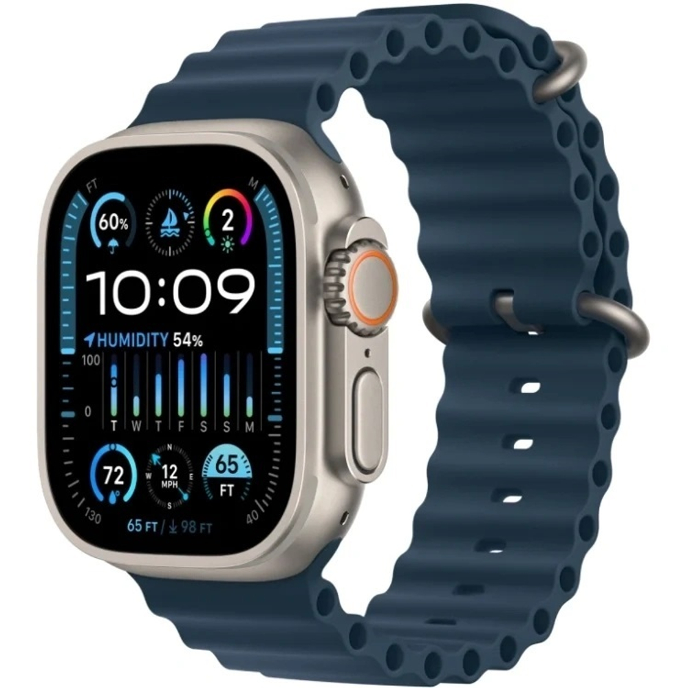 Apple Watch Ultra 2 GPS+Cellular 49mm, Natural Titanium, Navy Ocean Band, One Size 130–200mm (MX4D3)