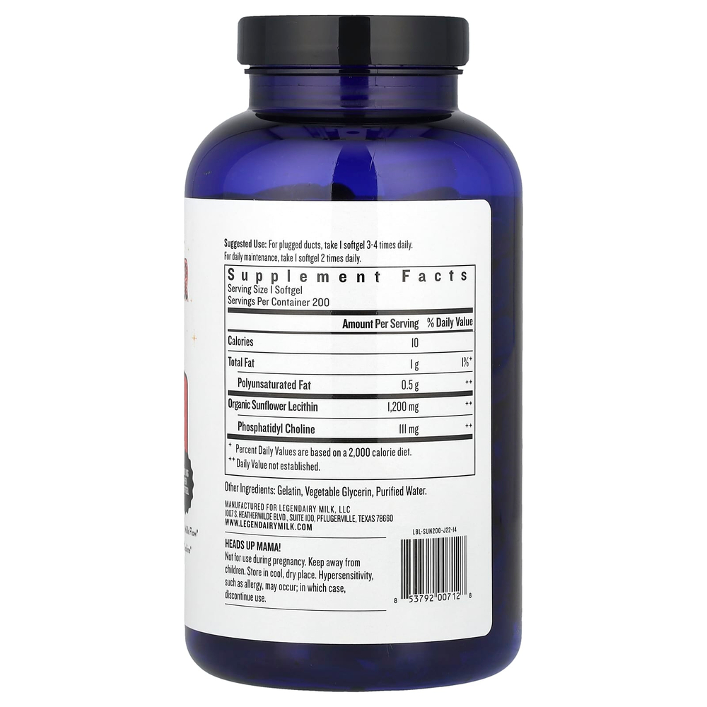 Legendairy Milk, подсолнечный лецитин, 1200 мг, 200 мягких капсул