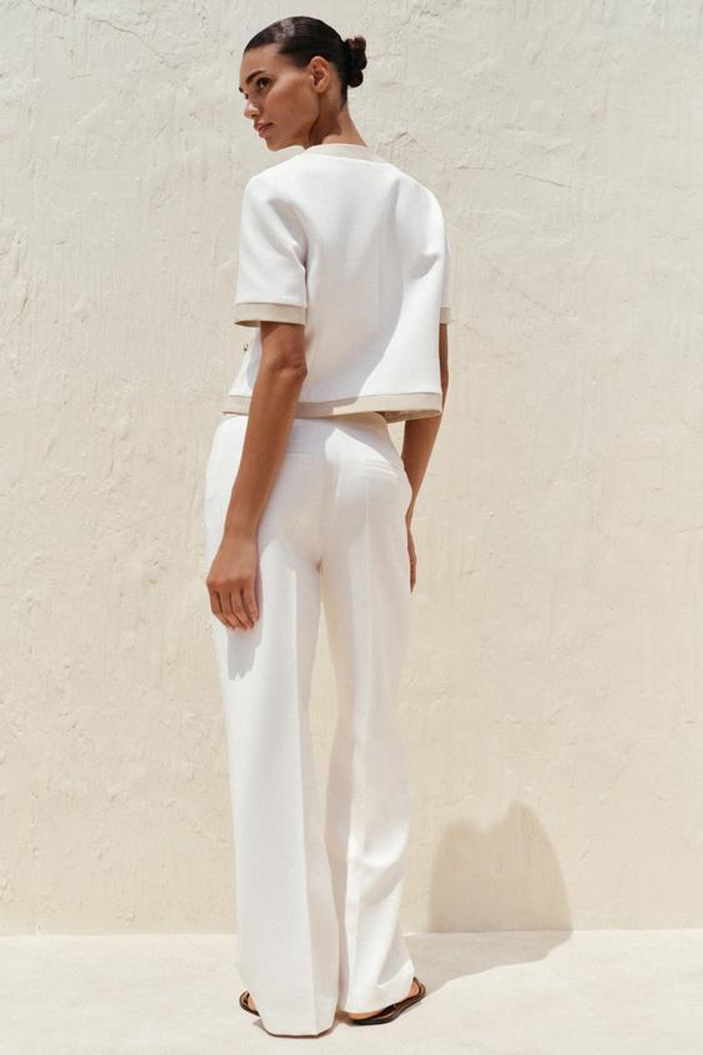 ZARA ПРЯМЫЕ БРЮКИ С КОМБИНИРОВАННЫМ ПОЯСОМ, ЖЕЛТОВАТО-БЕЛЫЙ