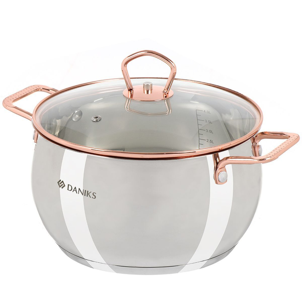 Кастрюля нерж, 4.5 л, крышка стекло, Daniks, Карлин, GS-01332G-22, индукц