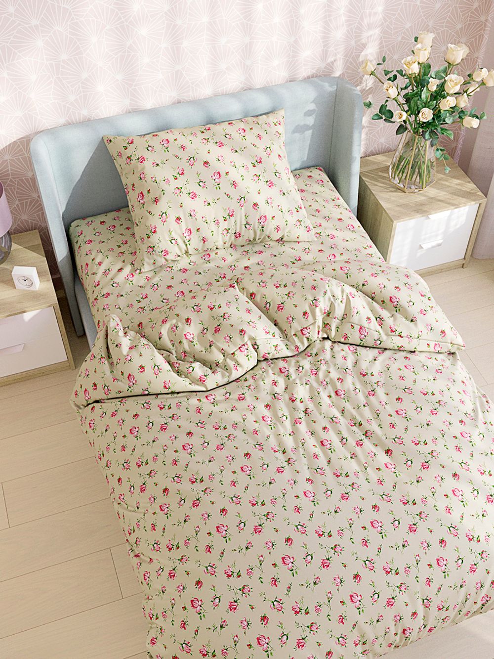 Простынь на резинке Сказка "Розовые бутоны на бежевом" 90х200 см, перкаль