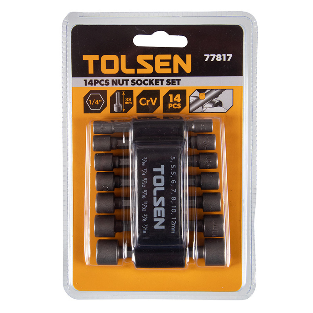 TOLSEN (TT77817) Набор головок для шуруповерта шестигранных 1/4", 5-12 мм, 3/16"-7/16", 14 предметов