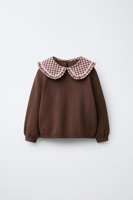 ZARA ВЯЗАНЫЙ ДЖЕМПЕР В ПОЛОСКУ С ВОРОТНИКОМ БОБО, ШОКОЛАДНЫЙ
