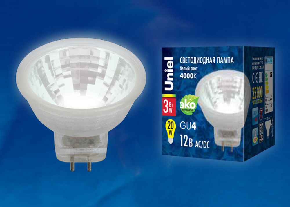LED-MR11-3W/NW/GU4 GLZ21TR  Лампа светодиодная, 12V. Прозрачная. Белый свет (4000K). Картон. ТМ Uniel.