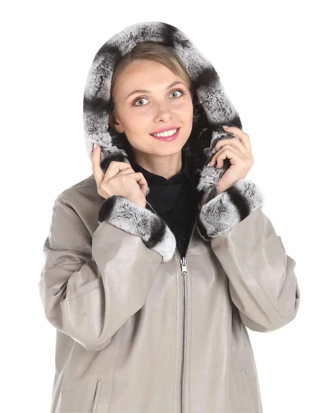 Женское пальто из натуральной кожи  с капюшоном двустороннее