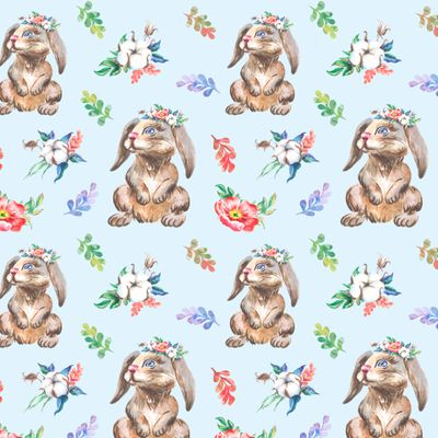 Зайчики, хлопок и цветы, на голубом