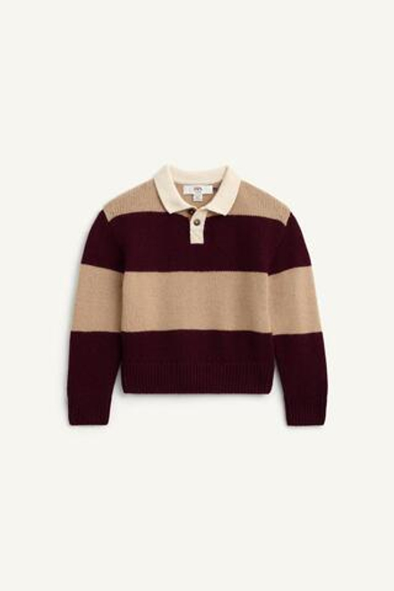 ZARA ВЯЗАНЫЙ СВИТЕР-ПОЛО, БОРДОВЫЙ/ЭКРЮ