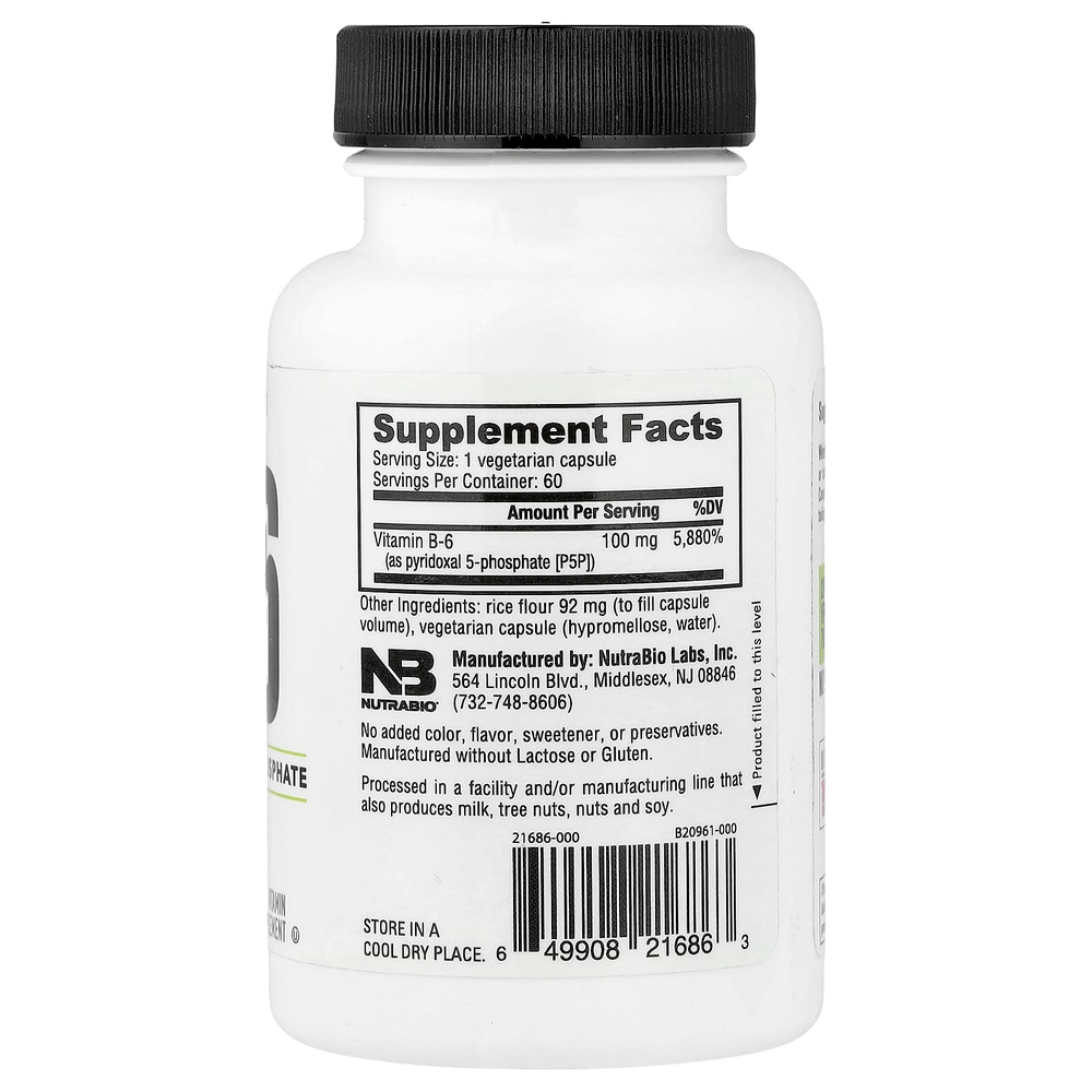 NutraBio, витамин B6, 100 мг, 60 капсул