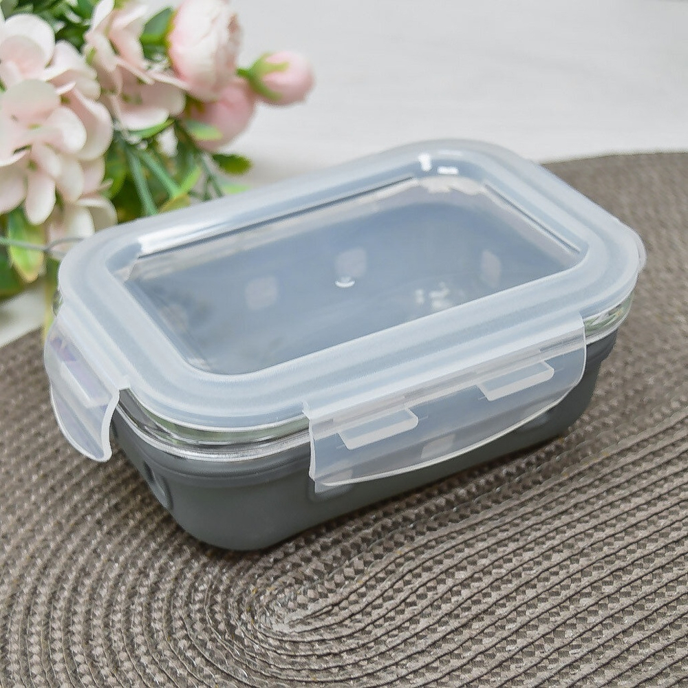 Контейнер 0,37л жаропрочное стекло с крышкой с защелками, в силиконовой подставке "Massimo"