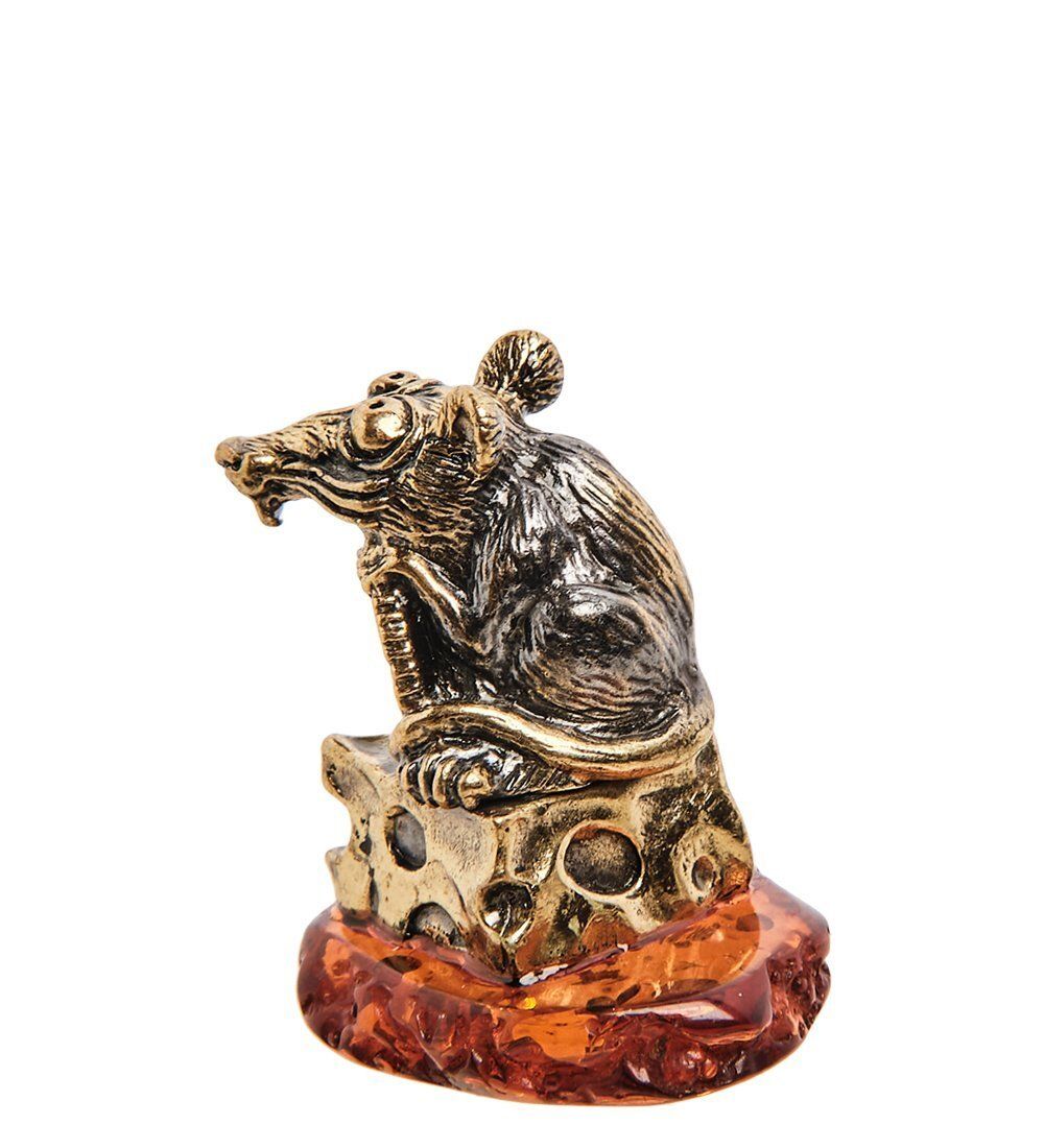 Народные промыслы AM- 470 Фигурка «Мышь денежная на сыре» (латунь, янтарь)