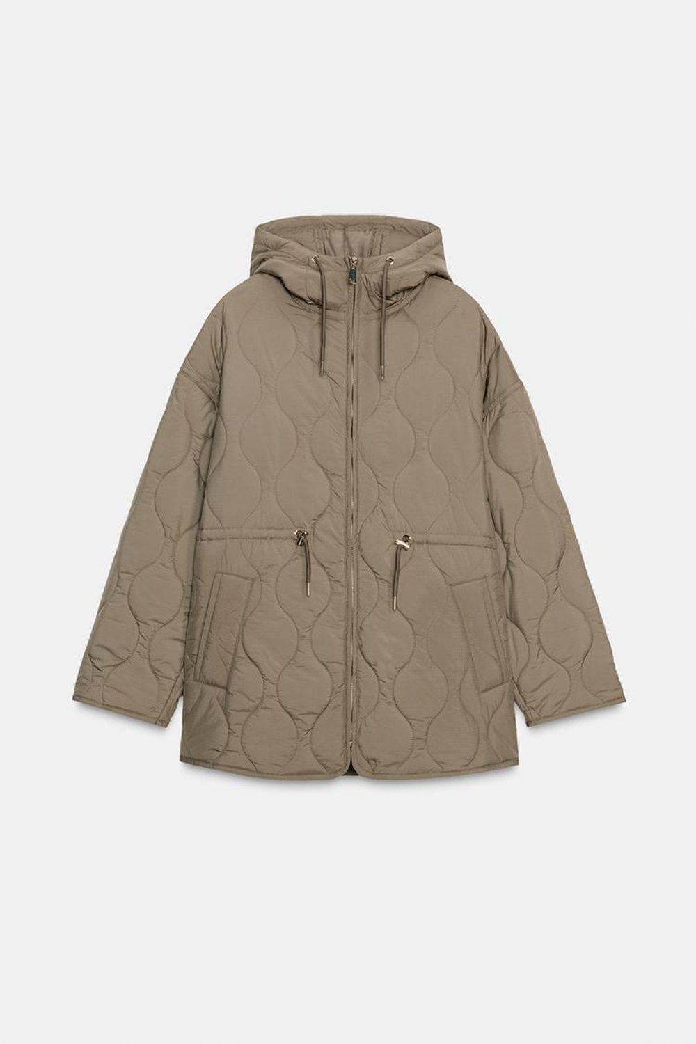 ZARA СТЕГАНАЯ КУРТКА С КАПЮШОНОМ WATER REPELLENT, ХАКИ