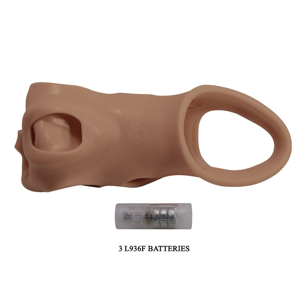 Карамельная удлиняющая насадка на пенис с вибрацией (Цвет: карамель (темно-бежевый))