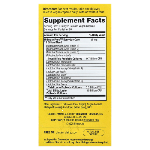 Renew Life, Ultimate Flora™, пробиотик для ежедневного приёма, 60 веганских капсул с отсроченным высвобождением