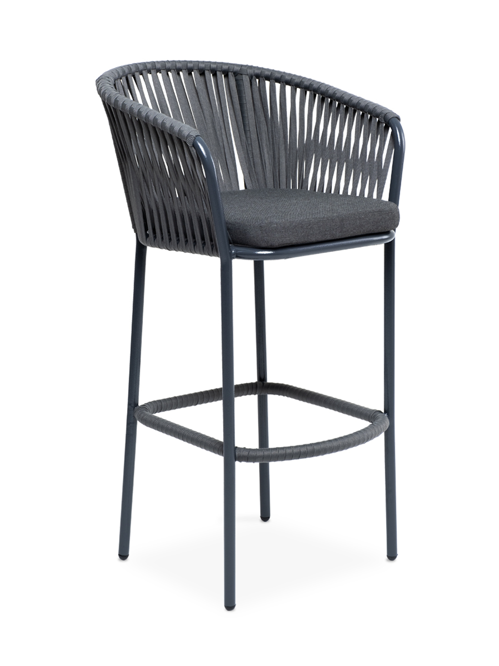 "Бордо" стул барный плетеный из роупа, каркас из стали темно-серый (RAL7024) муар, роуп серый 15мм, ткань темно-серая 027