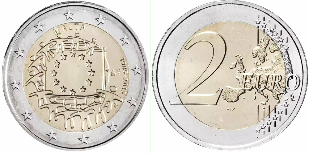 Мальта 2 евро 2015 30 лет флагу Европейского союза aUNC