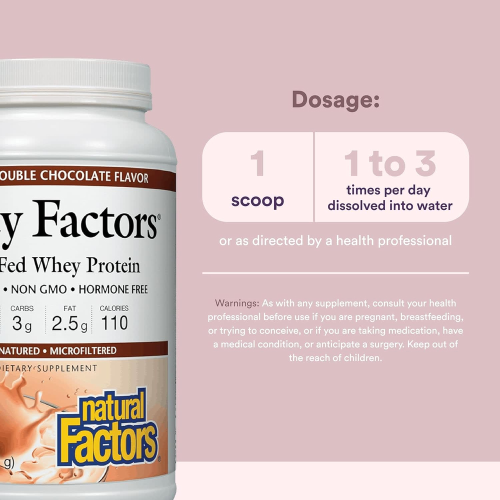 Natural Factors, Whey Factors®, сывороточный протеин травяного откорма, натуральный двойной шоколад, 340 г (12 унций)
