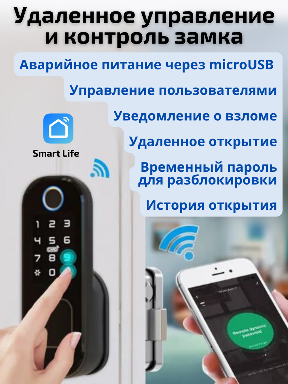 Умный замок Wi-Fi биометрический для двери, накладной