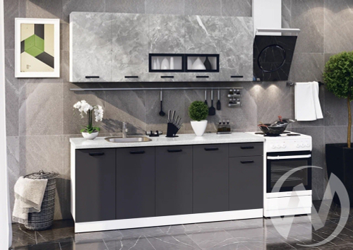 Кухня Рио 2;0м (белый/мрамор глянец; графит глянец/кастилло темный)