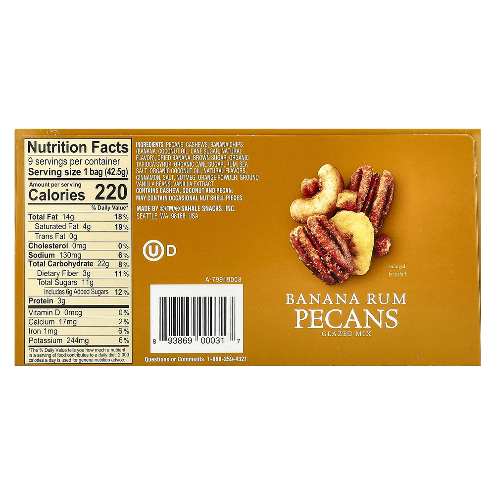 Sahale Snacks, глазированная смесь, со вкусом банана и рома, 9 пакетиков по 42,5 г (1,5 унции)