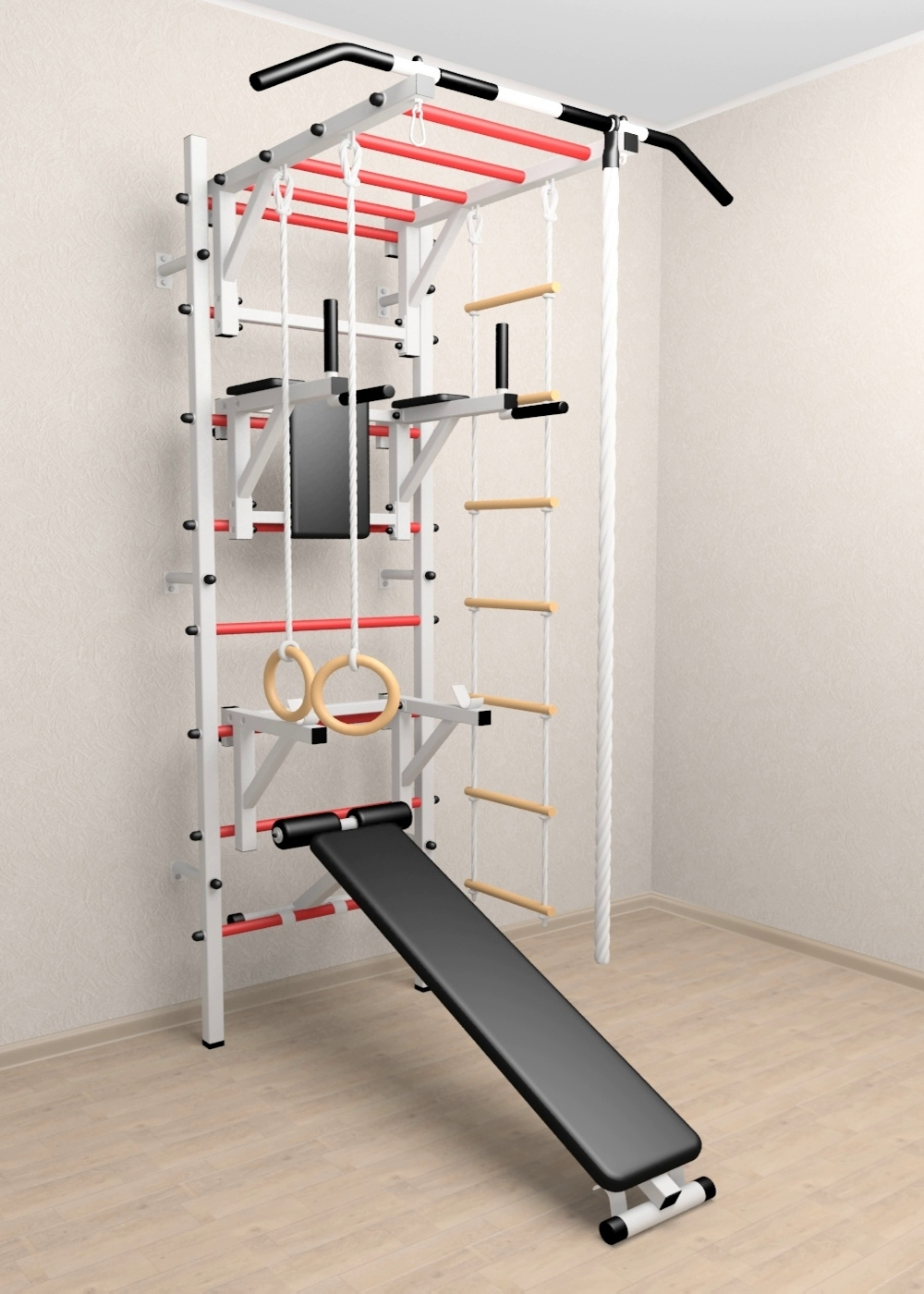 Шведская стенка Sv Sport усиленная 627 (Турник рукоход/Брусья/Стойка/Скамья/Канат/Кольца/Лестница)