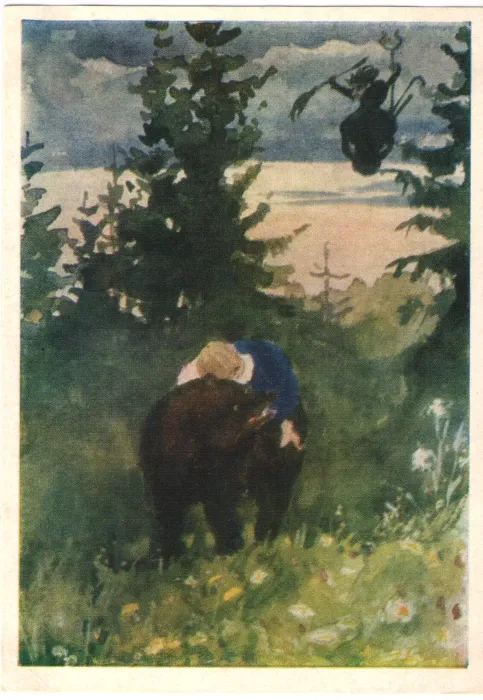Открытка «Машенька верхом на медведе. Эскиз иллюстрации к сказке "Избушка на курьих ножках"» Е. Д. Поленова