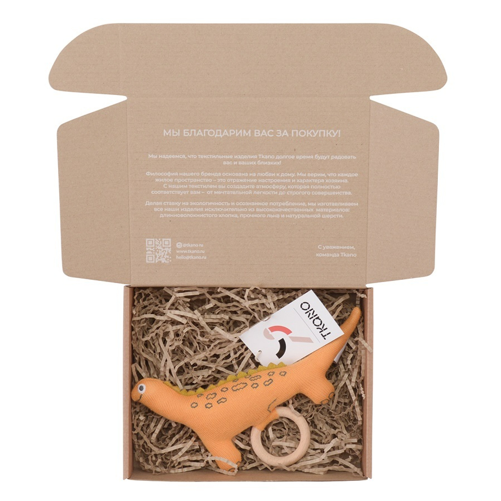 Погремушка хлопковая с деревянным держателем 14х11см Tkano Tiny world Динозавр Toto