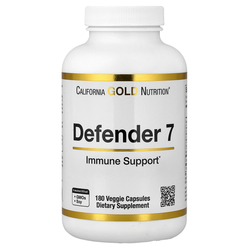 California Gold Nutrition, Defender 7, с витаминами A, C, D3, B6, цинком, селеном и бета-глюканом, 180 растительных капсул