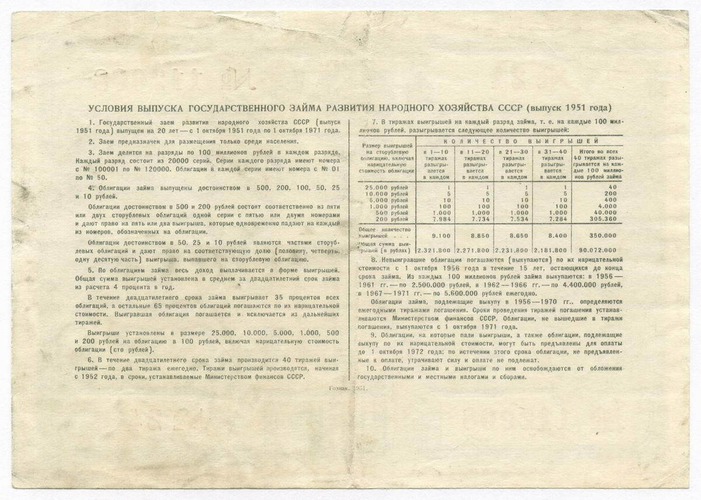 Облигация 50 рублей 1951 год. Серия № 112008. VF-