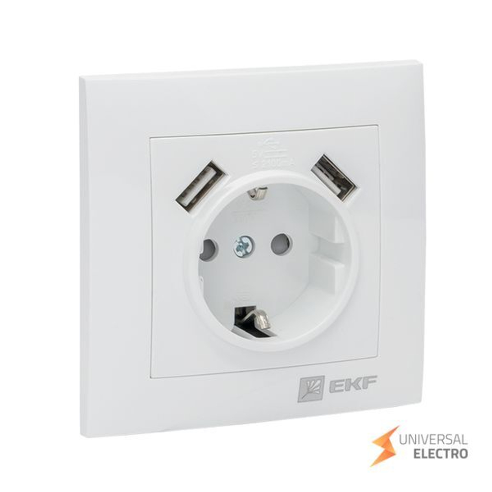 Валенсия розетка 1-местная с/з 16А белая с защ, штор, с 2 USB 2,1А EKF PROxima