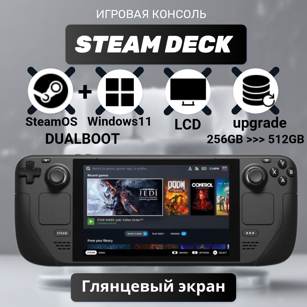 Игровая приставка Valve Steam Deck LCD (DualBoot: Windows 11 + SteamOs) 512 ГБ (глянцевый экран) (апгрейд) SSD
