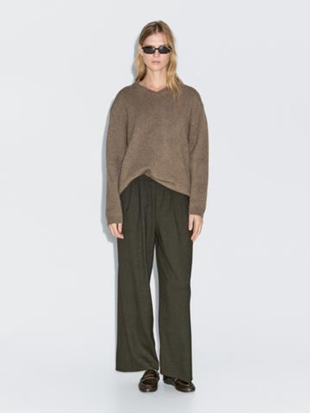 Massimo Dutti Брюки широкого кроя с вытачками и эластичным поясом, темно-зеленый