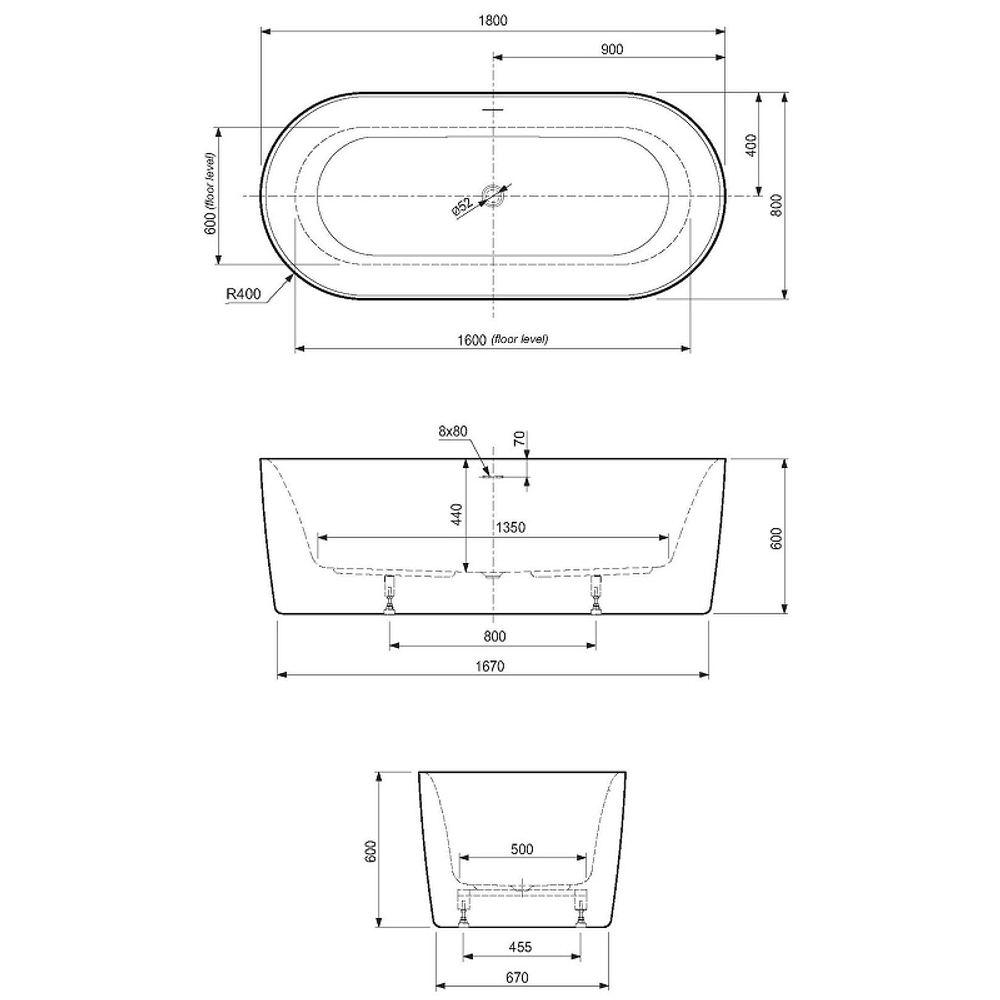 Акриловая ванна Cezares Metauro 180x80 METAURO-INT-Central-180-80-60 Белая глянцевая без гидромассажа