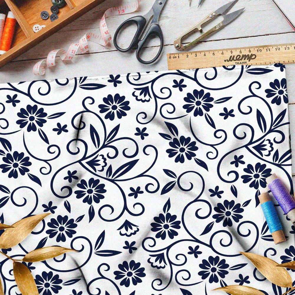 Ткань кулирная гладь роспись синими цветами на бежевом фоне
