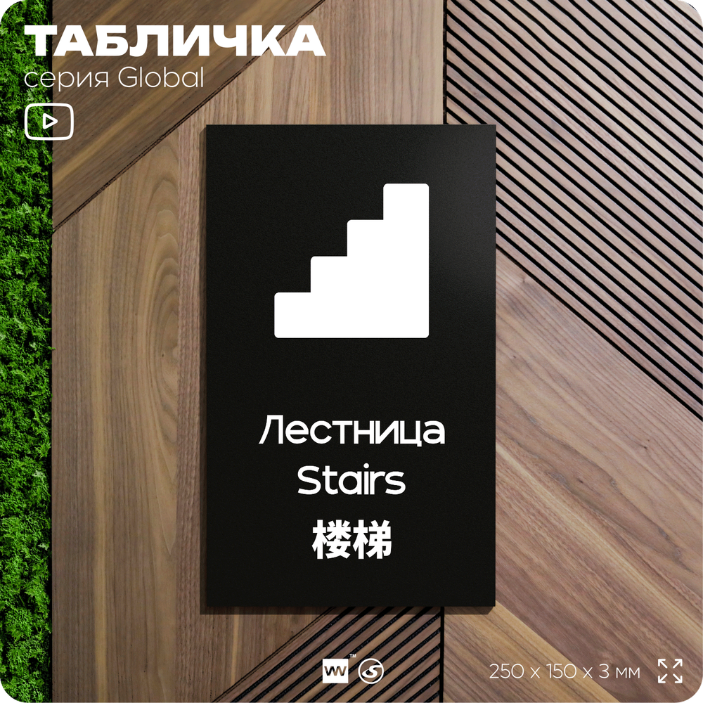 Табличка Лестница, на дверь и стену, информационная и мультиязычная (русский, английский, китайский), серия GLOBAL, 25х15 см, Айдентика Технолоджи
