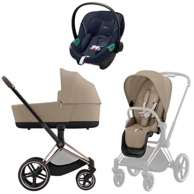 Коляска 3 в 1 Cybex Priam IV Rosegold complete и автокресло Aton S2 i-Size Ocean Blue Cozy Beige