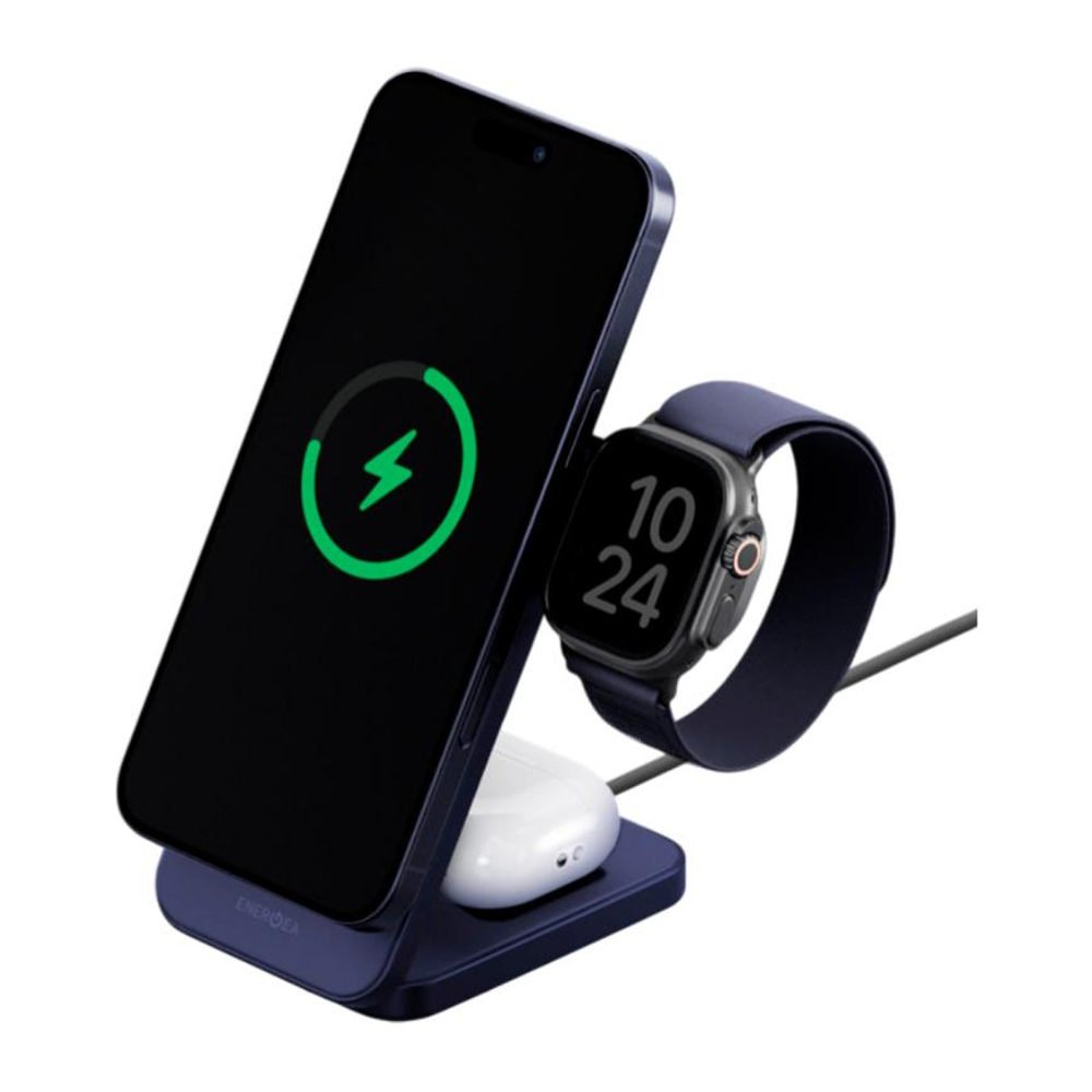 Складная зарядная станция MagSafe Energea MagTrio 2 для iPhone, Apple Watch и AirPods (Qi2.2) Беспроводная зарядка: Qi 25 Вт, Qi 5 Вт, магнитное крепление для зарядки Apple Watch (Qi 2,5 Вт). Проводная зарядка: нет. Сертификация Qi2. Отсутствует LED-индик