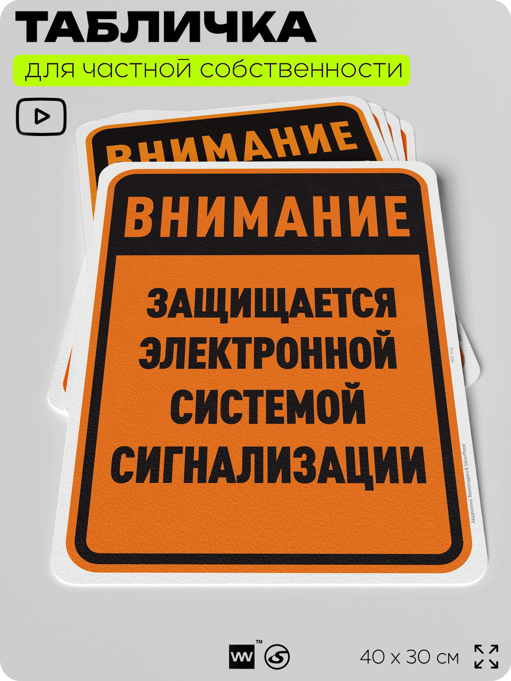 Табличка для частной территории "Внимание, защищается электронной системой сигнализации", на дом, для участка, организаций и частных территорий, 40х30 см, Silver Plane x Айдентика Технолоджи