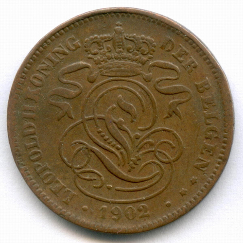 2 сантима 1902 год. Бельгия (Леопольд II). Надпись на голландском - DER BELGEN. Медь, диаметр 21.5 мм. VF