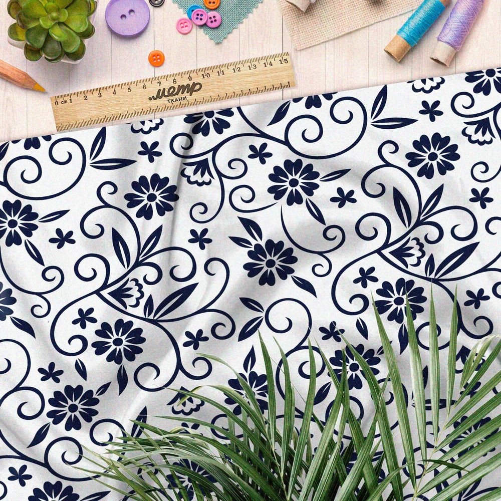 Ткань дюспо роспись синими цветами на бежевом фоне