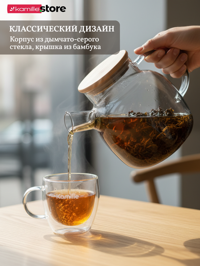 Стеклянный заварочный чайник 1500 мл. Kamille KM 9029M с бамбуковой крышкой