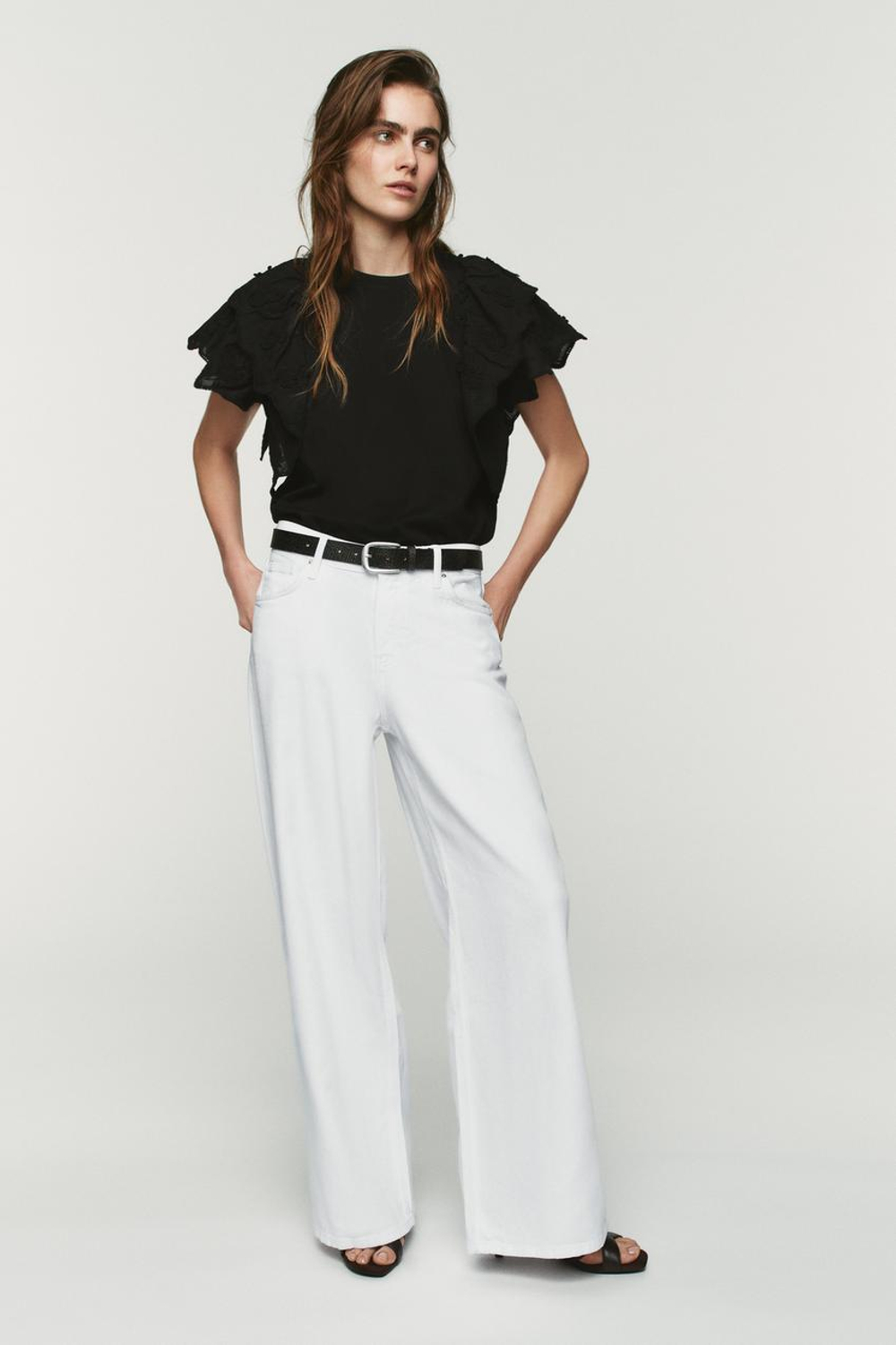 ZARA ФУТБОЛКА С ВОЛАНАМИ И КОРОТКИМИ РУКАВАМИ, ЧЕРНЫЙ