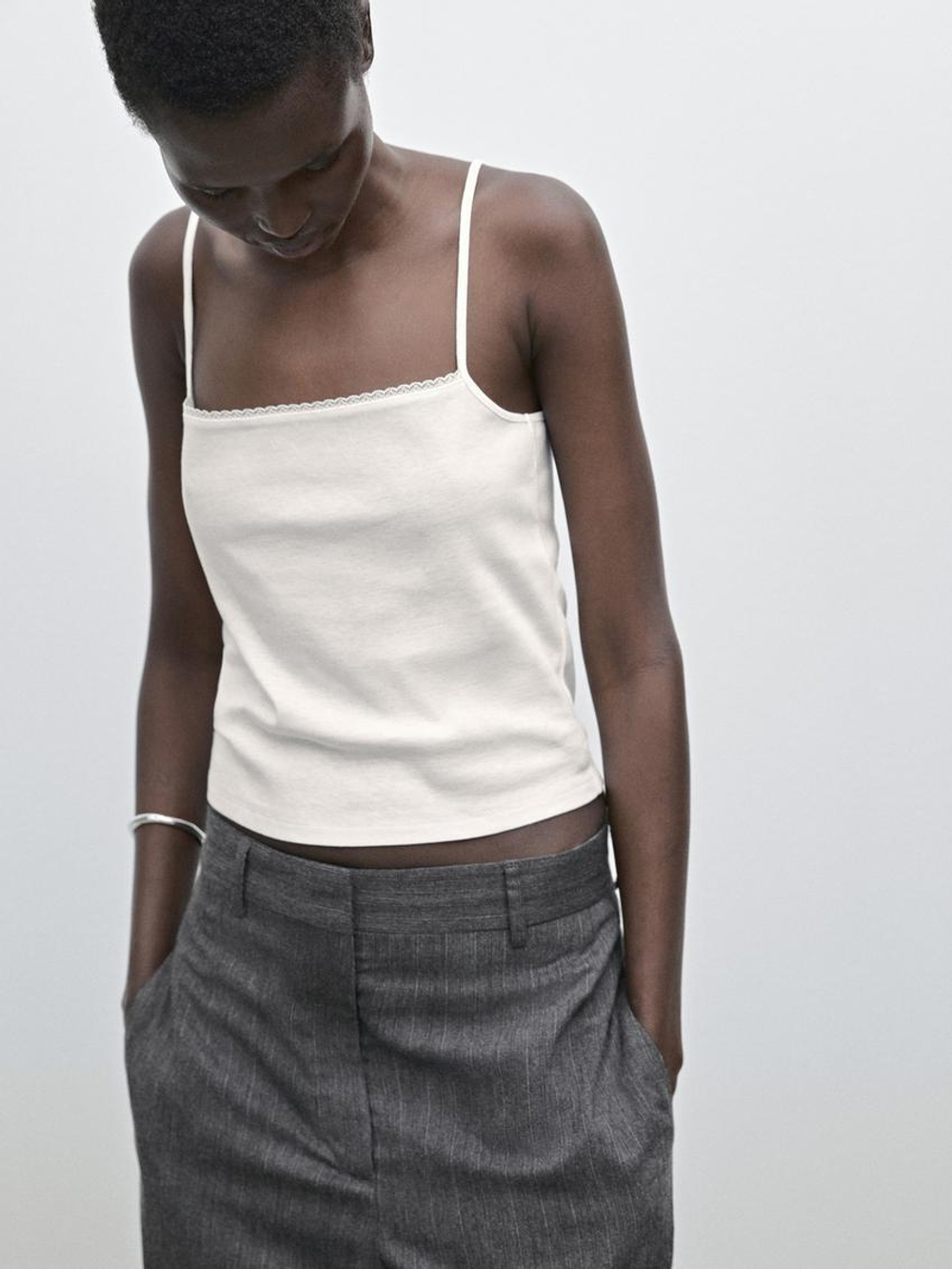 Massimo Dutti Трикотажный топ на бретелях с кружевом, натуральный, кремовый